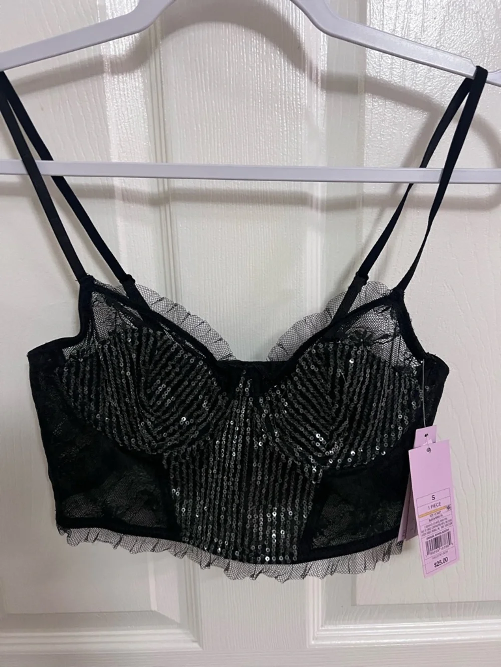 Black Sequin Lace Corset Crop Top w/ Lace Trim & sequin bottom brief NWT XS M L - Picture 6 of 10